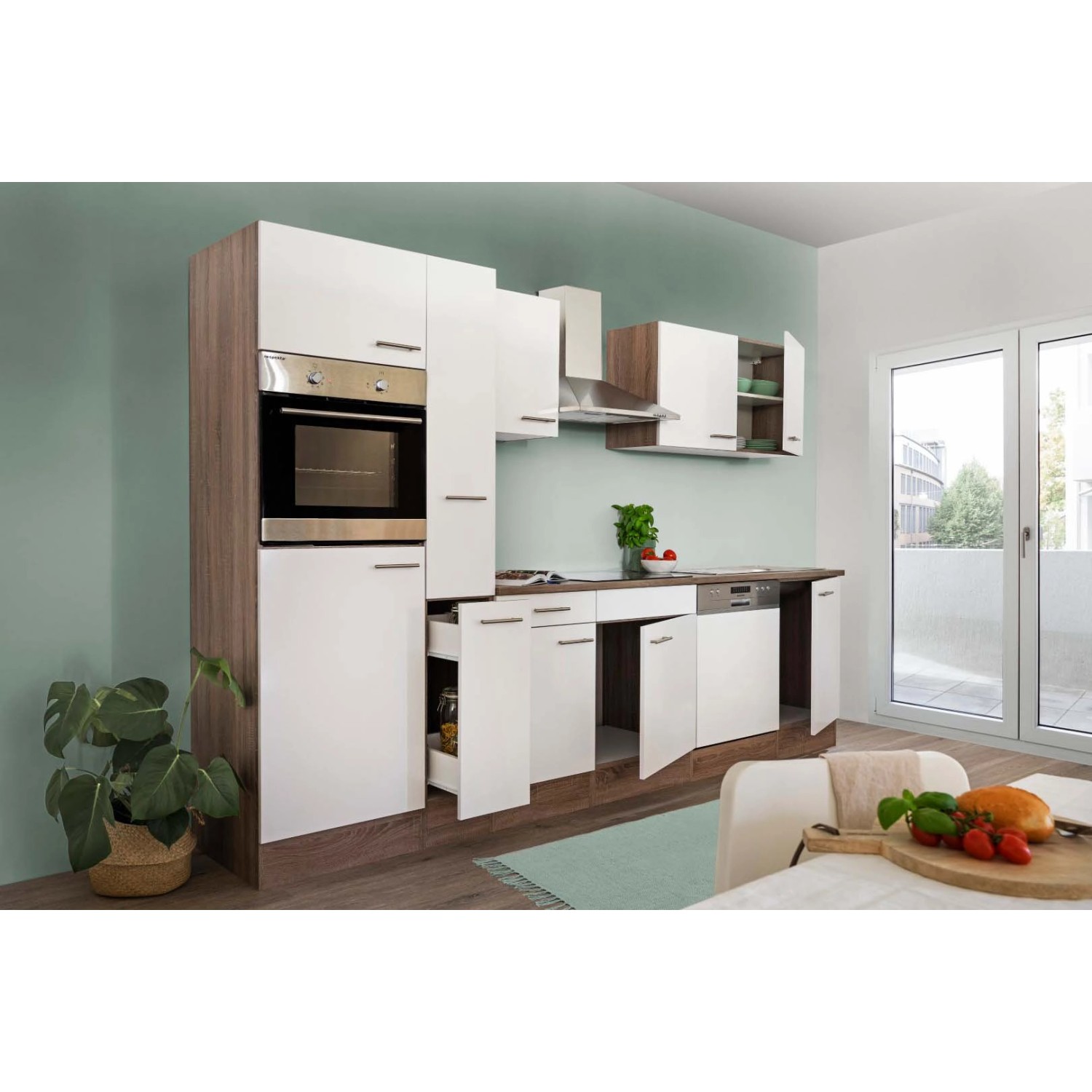 Respekta Küchenzeile in Weiß Seidenglanz und Eiche York Dekor, 310 cm breit.