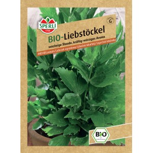 Sperli Bio Liebstöckel Samenpackung mit grünen Blättern. Würziges Küchenkraut für den Garten.