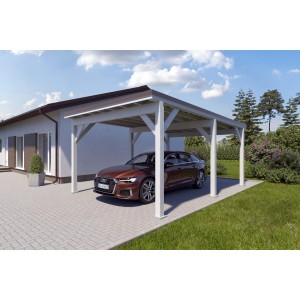Holzbrüder Einzelcarport Ralf, reinweiß mit dunkelbraunem Blechdach und Auto.