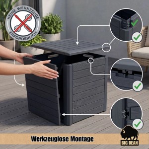 BigDean Gartenbox Klein Kompakt 140 Liter Ideal für Balkon und Kleine Flächen Holzoptik Auflagenbox