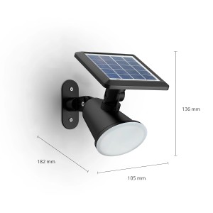 Schwarze Philips Jivix Solar-Wandleuchte mit Spotkopf und Solarpanel. Ideal für die Gartenbeleuchtung.