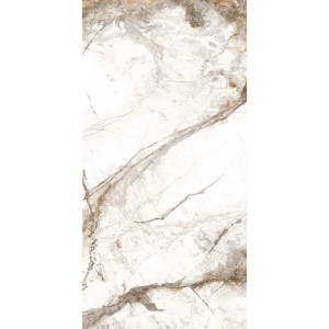 Goldene, polierte Feinsteinzeug Bodenfliese in Marmoroptik, 60x120 cm.