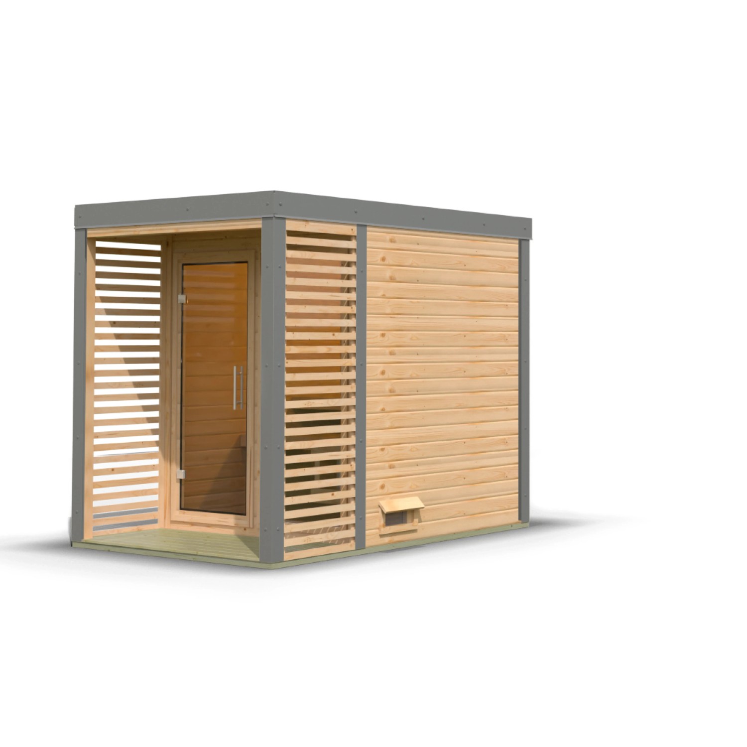 Karibu Saunahaus Seros 1, naturbelassen/staubgrau, aus Fichte mit Glas-Tür und grauen Akzenten.