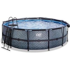 Grauer EXIT Stone Pool Ø450x122cm mit Leiter, Abdeckung und Wärmepumpe.