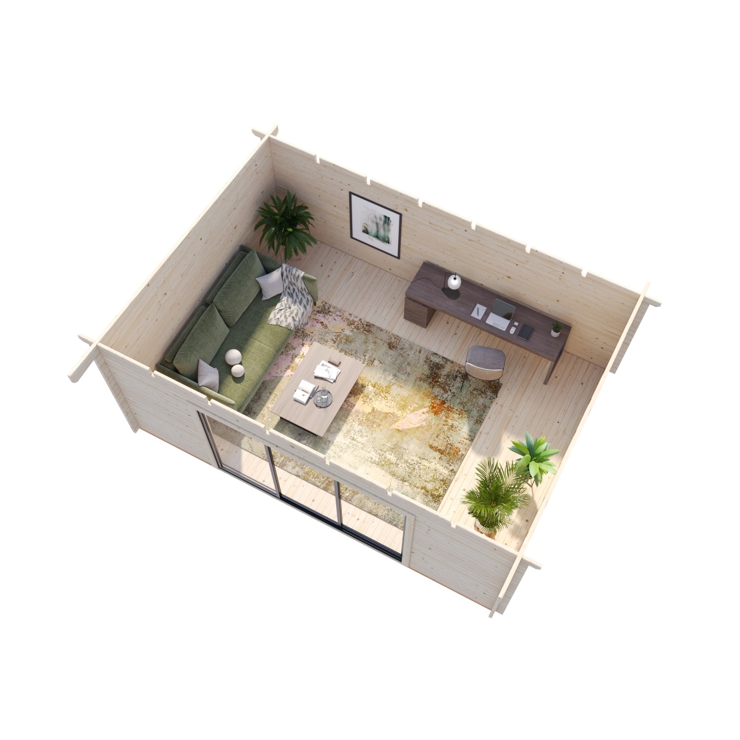 Palmako Gartenhaus Lea, 530x380 cm, hellgrau-anthrazit, mit Schiebetüren und Inneneinrichtung.