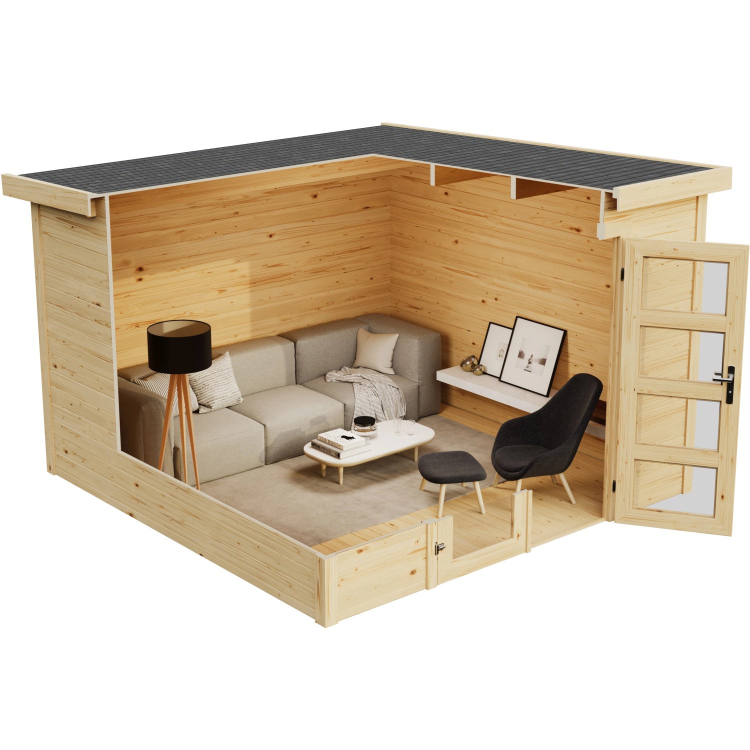 Lasita Holz-Gartenhaus Zambezi 7: Innenansicht mit Möbeln, naturbelassenes Holz.