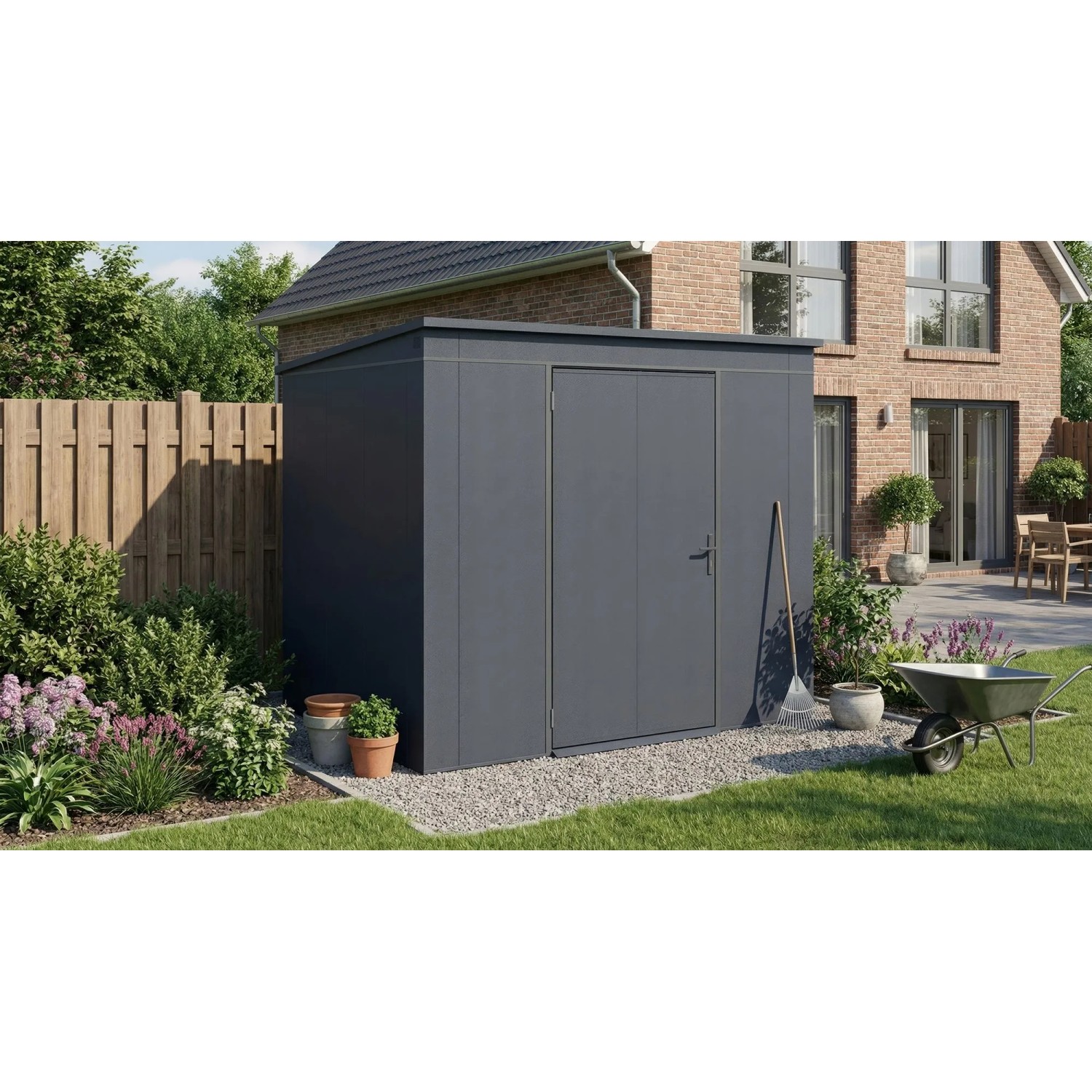 Modernes, anthrazitfarbenes Metall-Gerätehaus Gary (242x198 cm) im Garten.