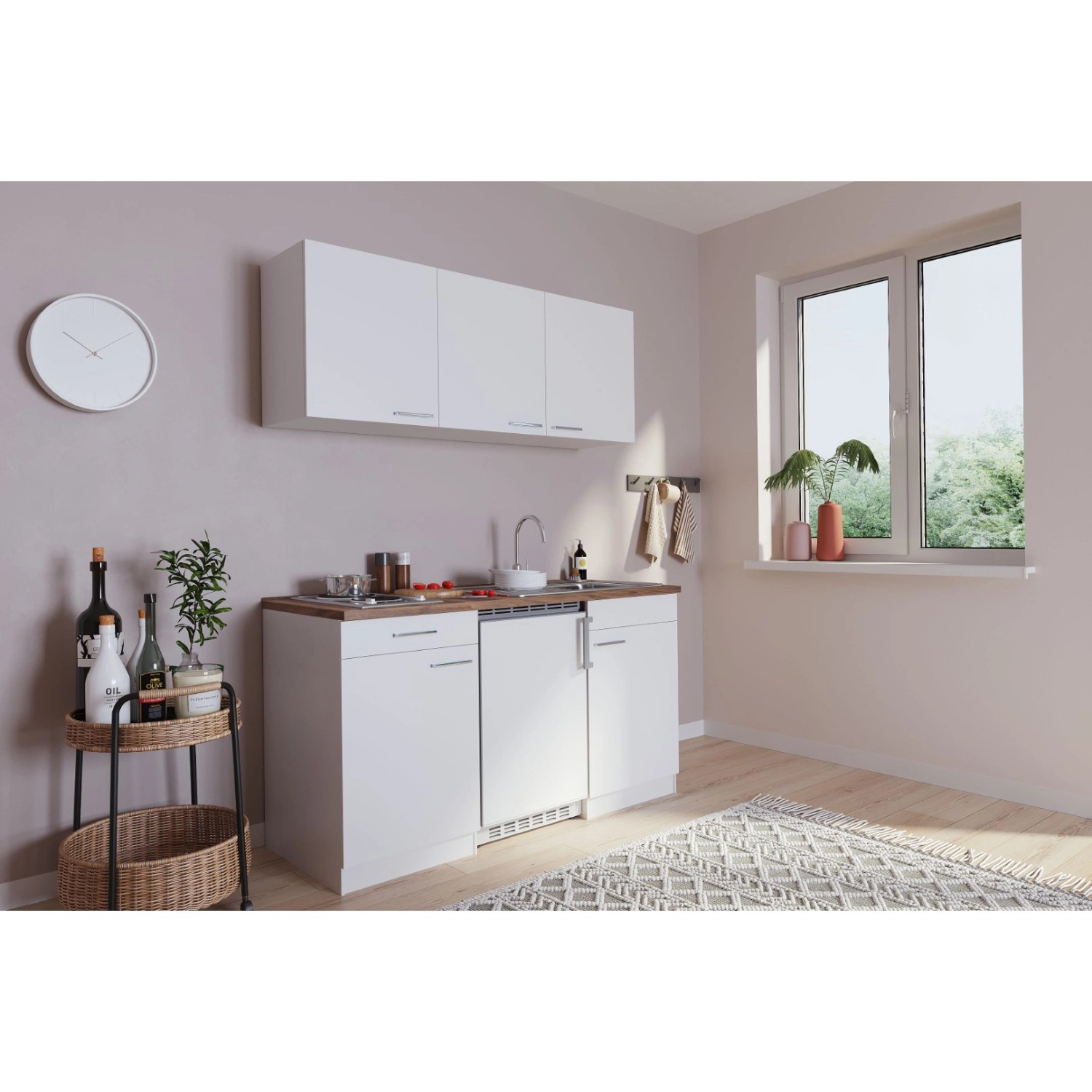 Respekta Küchenzeile KB150WW, 150 cm, Weiß Glänzend mit Spüle, Kochfeld und Kühlschrank.