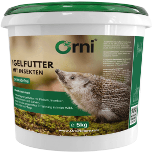 Orni Igelfutter mit Insekten, getreidefrei, im Eimer. Ein Igel ist auf dem Etikett zu sehen. 5kg für Wild- & Pflegeigel.