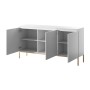 Weißes Selsey Sideboard Bemmi, 150 cm, mit goldenen Beinen. Zwei offene Türen zeigen sechs Fächer für viel Stauraum.