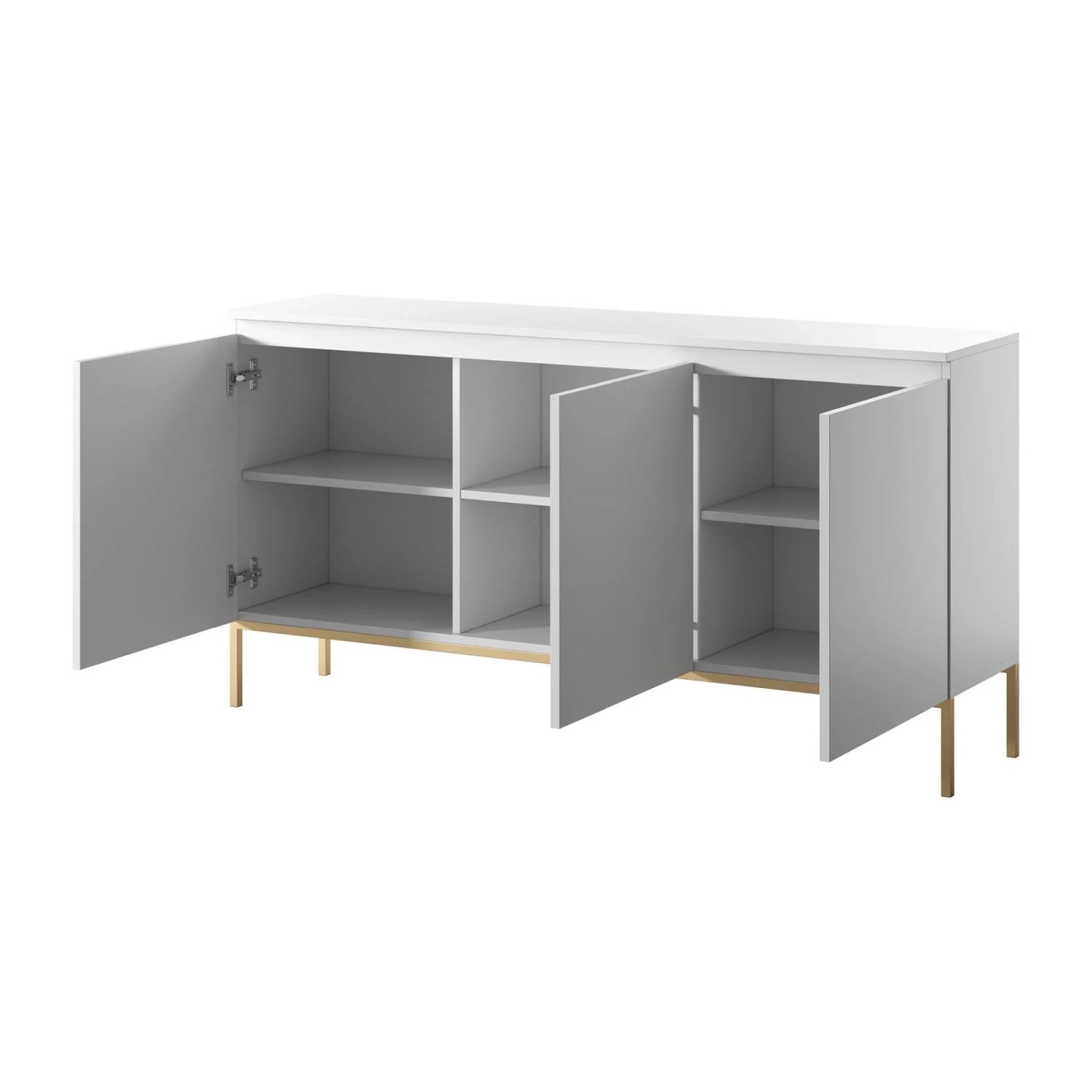 Weißes Selsey Sideboard Bemmi, 150 cm, mit goldenen Beinen. Zwei offene Türen zeigen sechs Fächer für viel Stauraum.