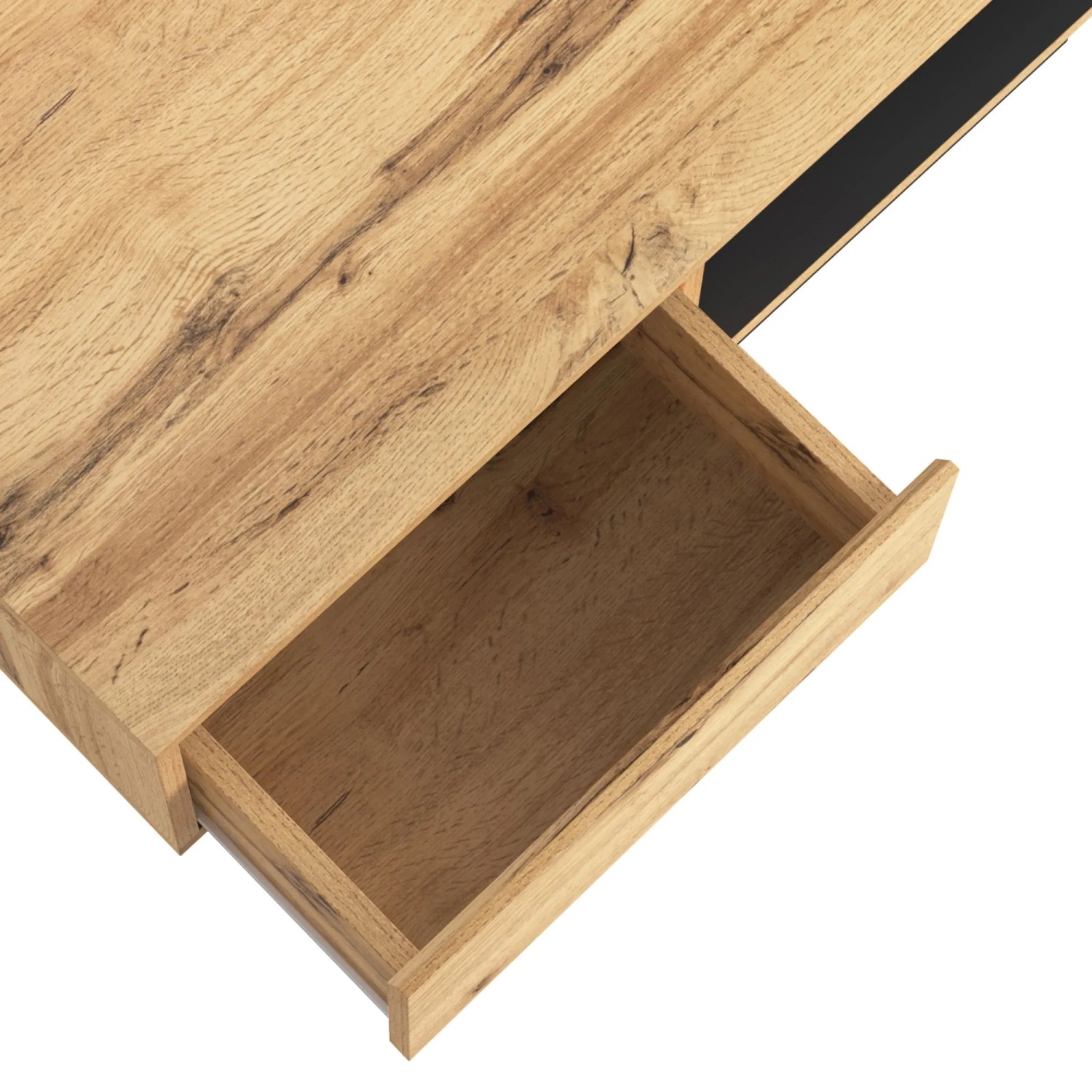 Naturfarbener Couchtisch mit Eichenholzmaserung und offener Schublade. Praktischer Sofatisch für Wohnzimmer.