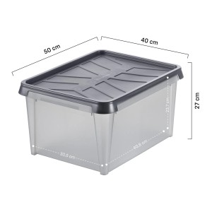 Transparente SmartStore Dry 31 Aufbewahrungsbox mit grauem Deckel und Maßangaben.
