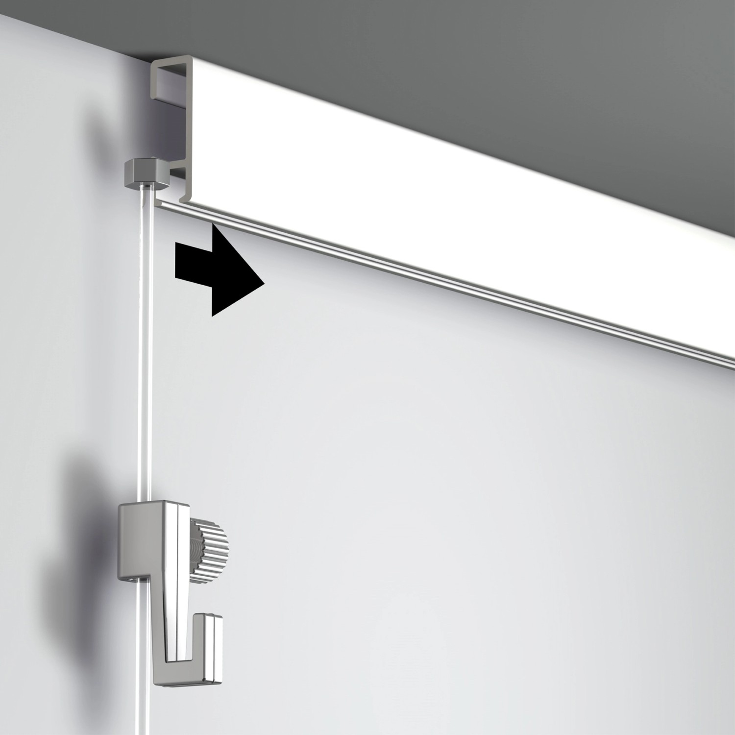 Artiteq Click Rail All-in-One Bildaufhängesystem, 2 m Alu-Schiene mit Haken und Seil.