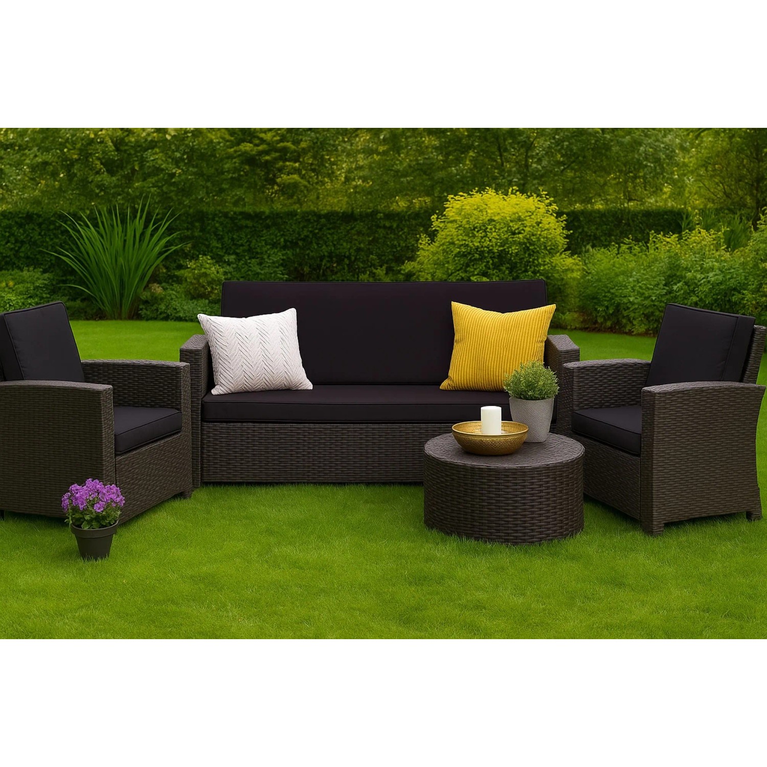 Schwarzes Gartenkissen-Set für Polyrattan-Möbel, bestehend aus Sitz- und Rückenkissen für ein 2-Sitzer Gartensofa.