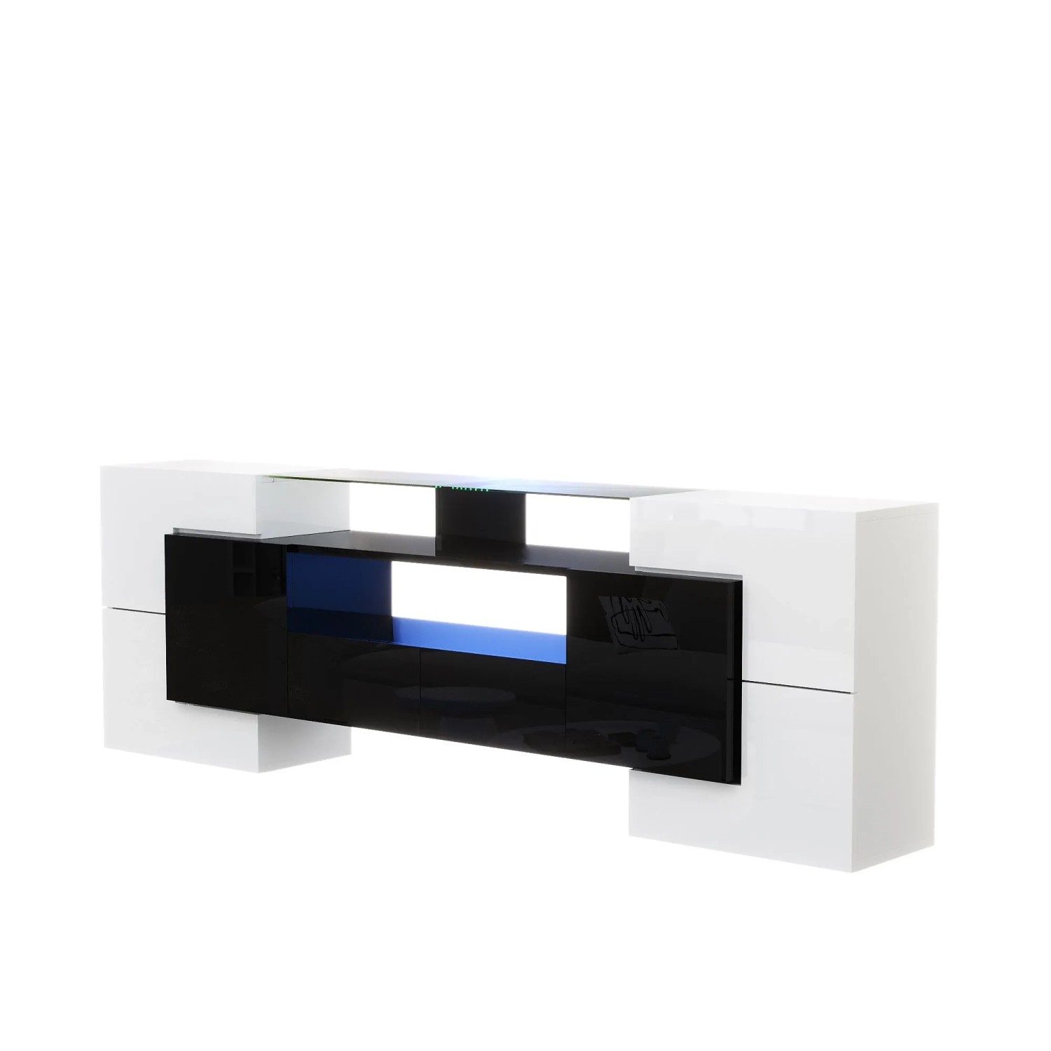 okwish TV Schrank mit LED Stauraum Glasoberfläche 200x35x60cm Hochglanz Weiß Schwarz_10
