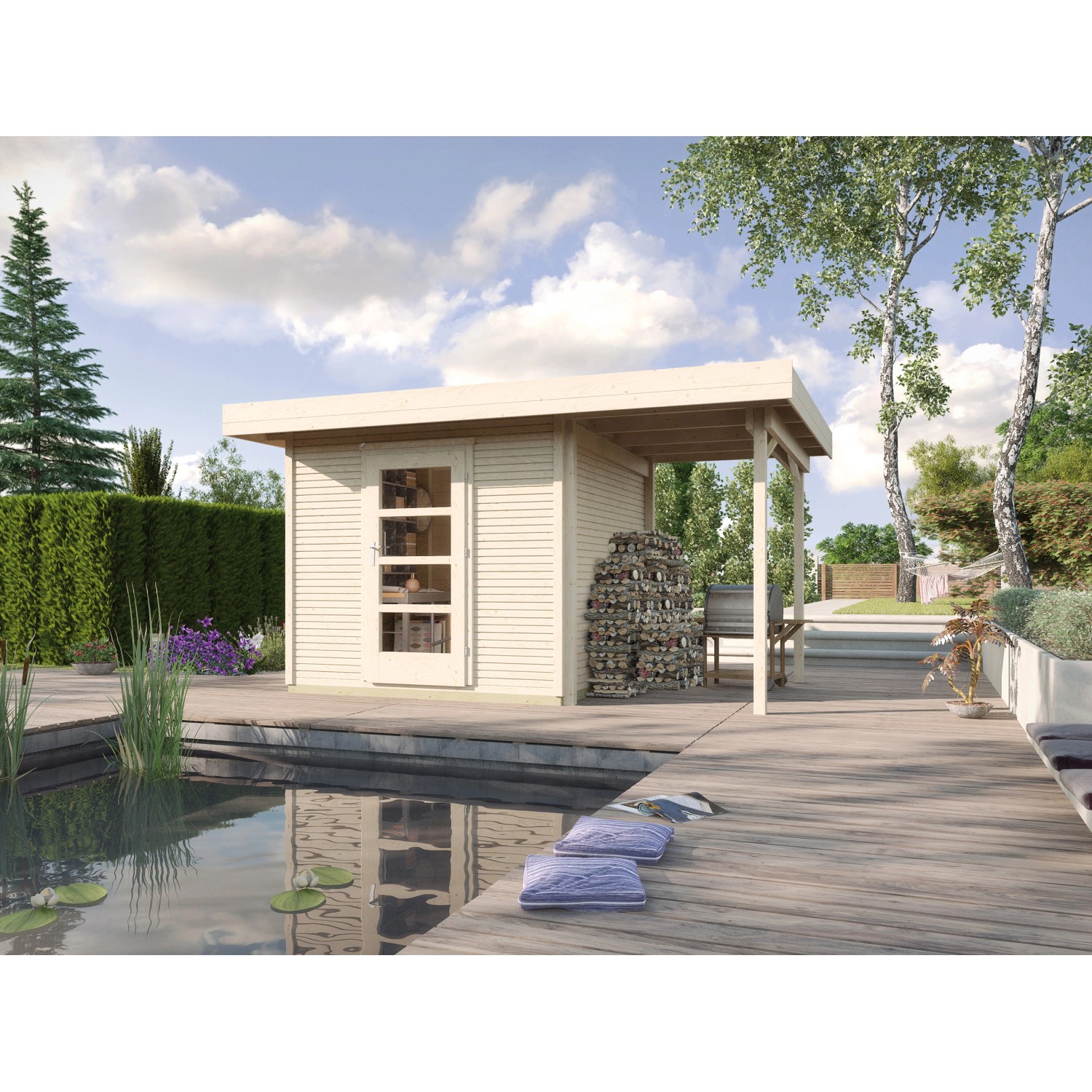 Unbehandeltes WekaLine Holz-Gartenhaus mit Flachdach und Anbau, 385x316 cm.