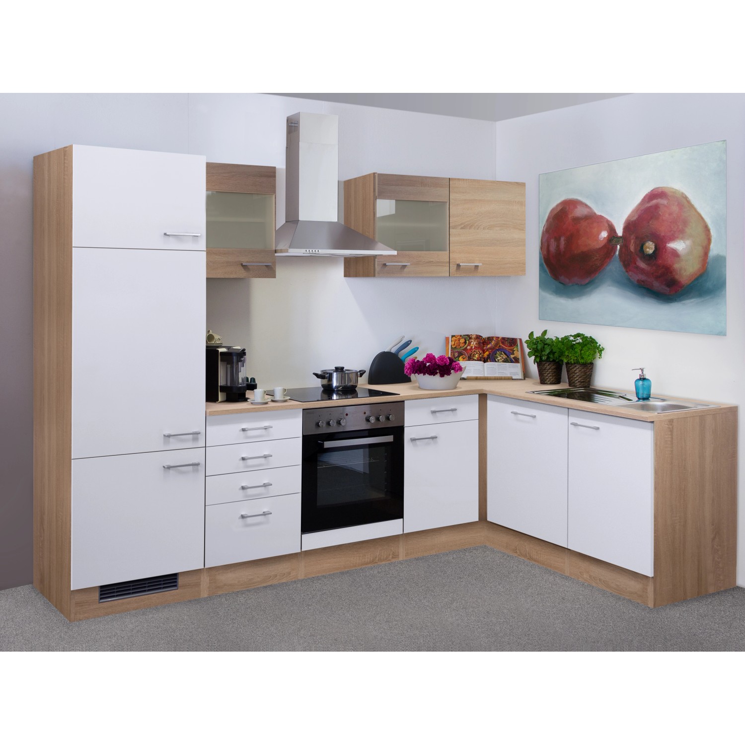 Flex-Well Winkelküche Florida in Sonoma Eiche-Weiß mit E-Geräten und Spüle.