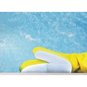 Gelber Chemoform Scrub'o Reinigungshandschuh mit Reinigungspad für die Poolreinigung.