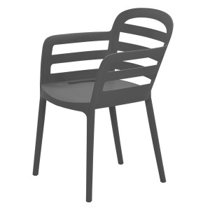 Anthrazitfarbener Gartenstuhl Formello aus Kunststoff mit Armlehnen und Latten-Design.
