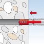 Illustration: Fischer Duopower Dübel 8x65 mit Schraube im Mauerwerk, Funktionsweise.