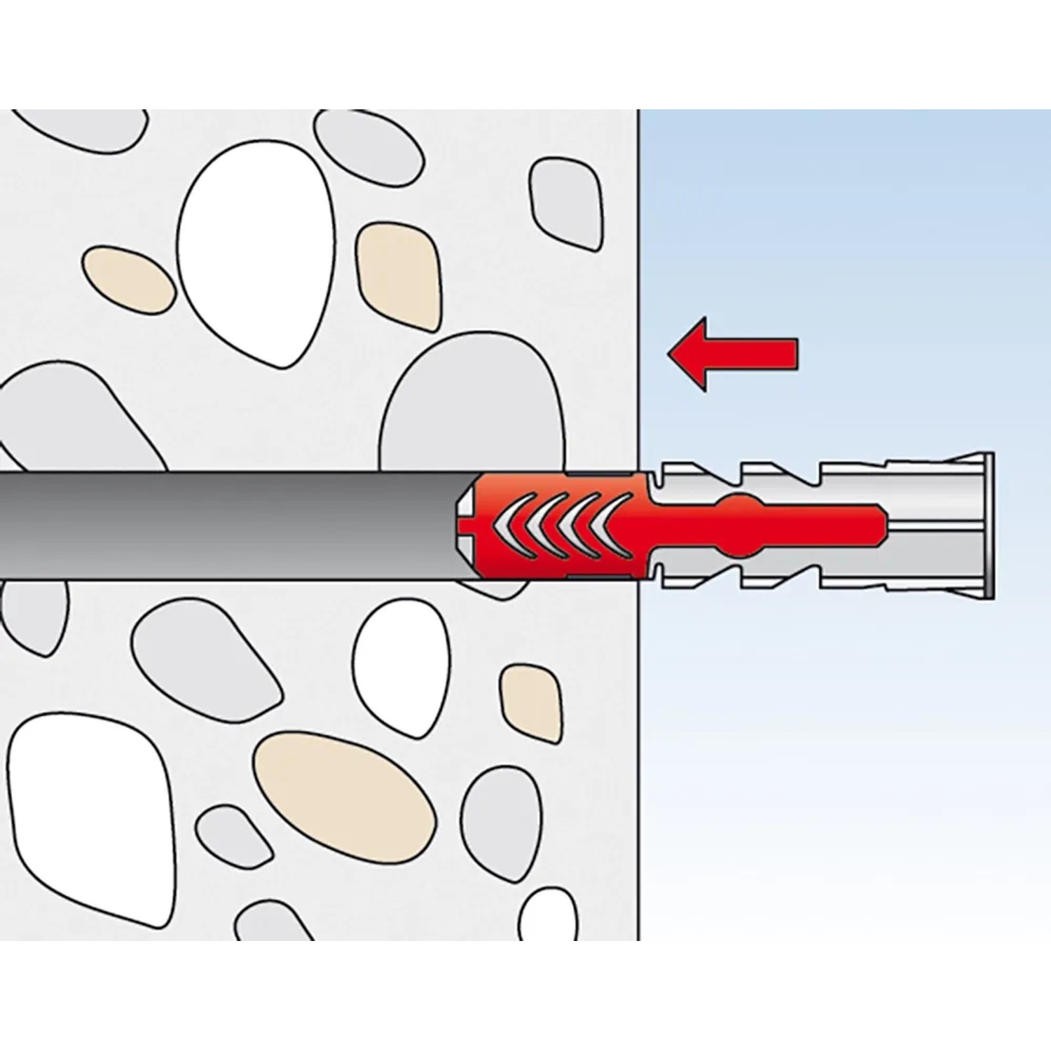 Illustration: Fischer Duopower Dübel 8x65 mit Schraube im Mauerwerk, Funktionsweise.