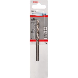 Bosch Metallbohrer Pro HSS-G, 6mm, DIN 338, in Verpackung. Spiralbohrer für Stahl, Guss, Eisen und Kunststoffe.