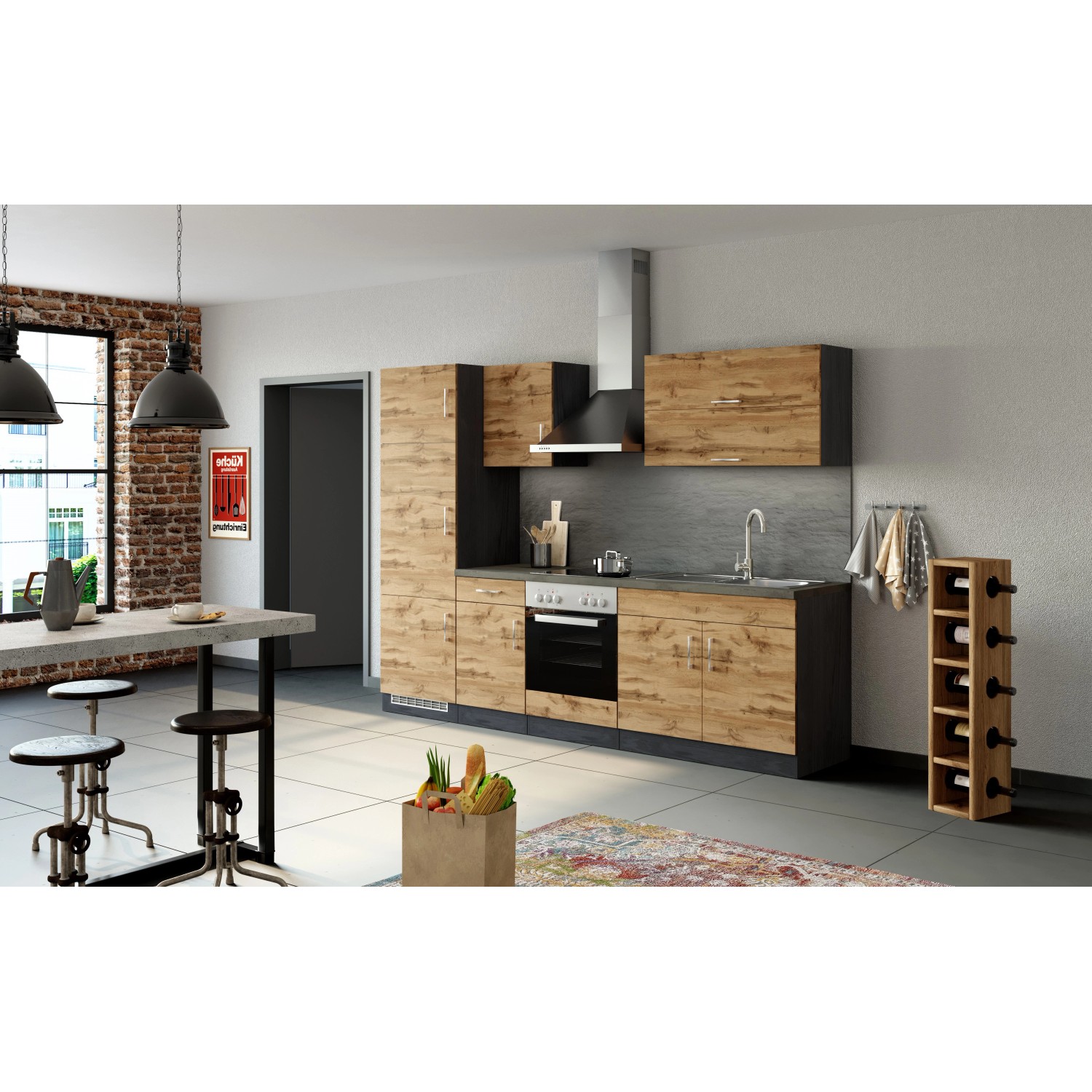 Held Möbel Küchenzeile Sorrento 270 cm in Wotaneiche-Grafit ohne E-Geräte.