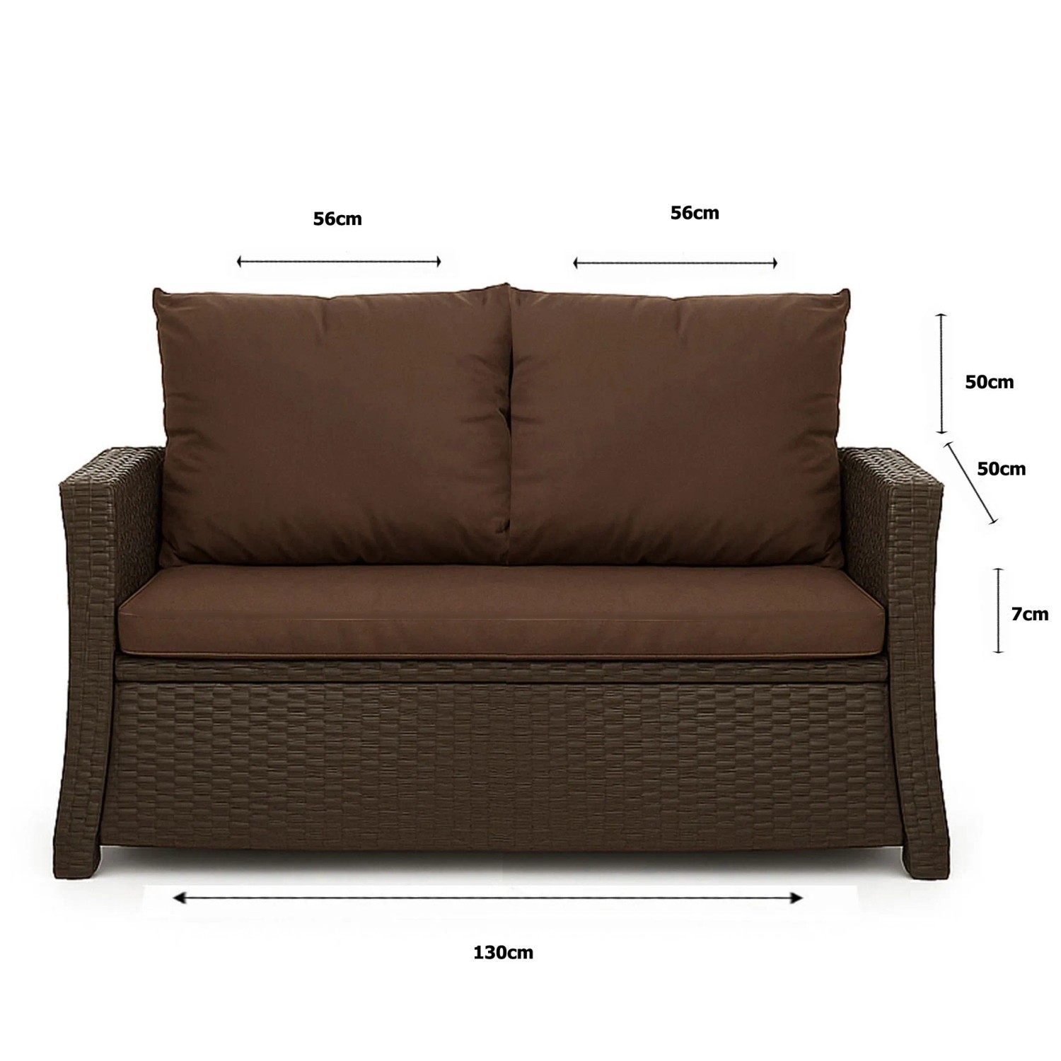 Braunes Gartenkissen Set für 2-Sitzer Polyrattan Gartensofa, 130x50x50 cm.