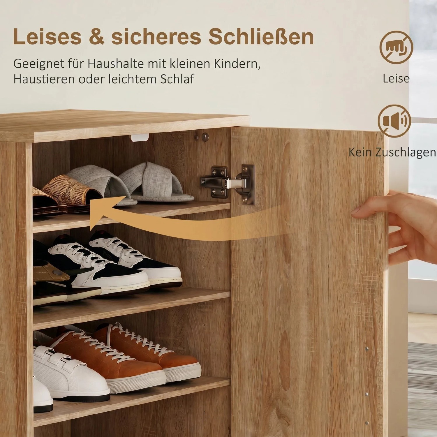 HOMCOM Schuhschrank Naturholz mit Soft-Close-Tür, innen Schuhe auf verstellbaren Regalen. Leises Schließen.