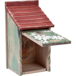 Bunter Dobar Nistkasten aus Kiefernholz mit Blumenmuster und rotem Dach. Vogelhaus mit Einflugloch.