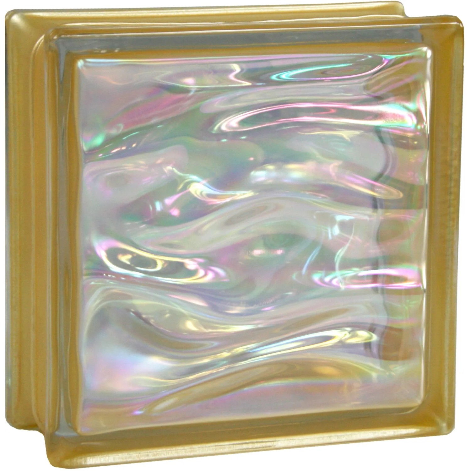 Glasstein Aqua Perlmutt Gold, 1-seitig satiniert, 19x19x8 cm. Ideal für Glaswände im Innen- & Außenbereich.