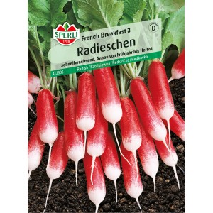 Sperli Radies French Breakfast Samenpackung mit rot-weißen Radieschen.