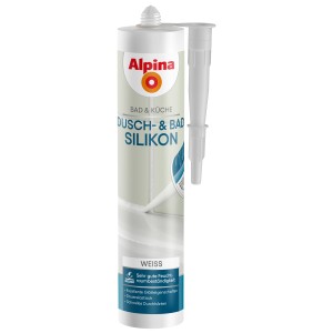 Alpina Dusch- und Bad-Silikon, weiß, 300ml Kartusche mit Aufsatz für Bad und Küche.