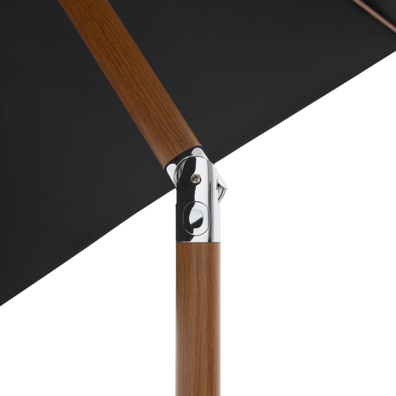 Detailaufnahme: Anthrazitfarbener Doppler Balkonschirm Wood mit Holz-Optik und Kurbelmechanik.