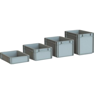 Eurobox-System: Graue Aufbewahrungsboxen in verschiedenen Größen, Vollwand.