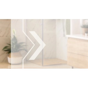 Dekorative Novadoors Glasschiebetür Nova 599-2 mit Pfeil-Design aus 8mm ESG Sicherheitsglas in hellem Raum.