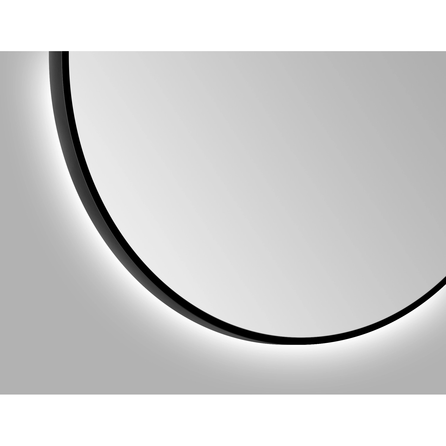 Runder DSK Design LED-Lichtspiegel Silver Globo, Ø 120 cm, mit schwarzem Rahmen.