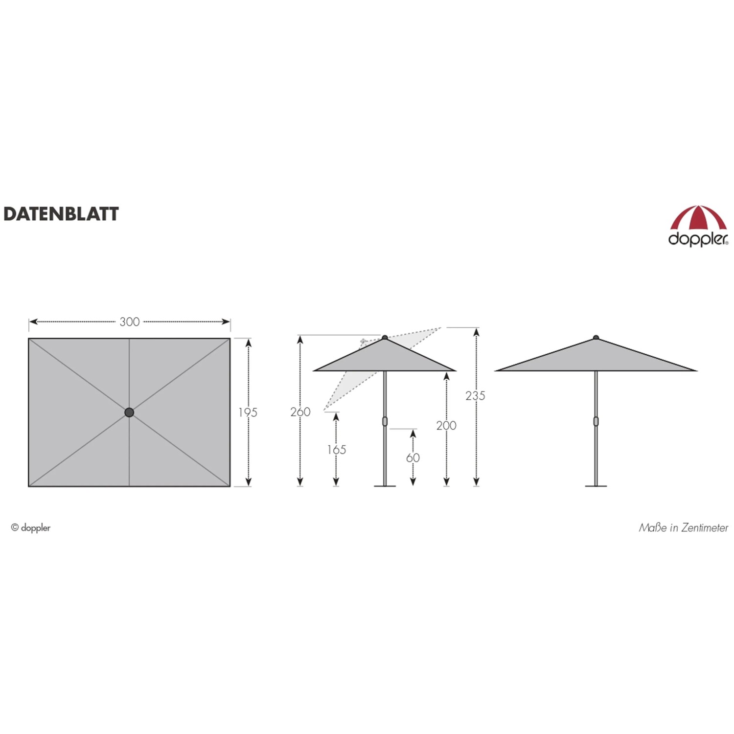 Technische Zeichnung Doppler Marktschirm Expert 200x300 cm Natur mit Maßen und Details.