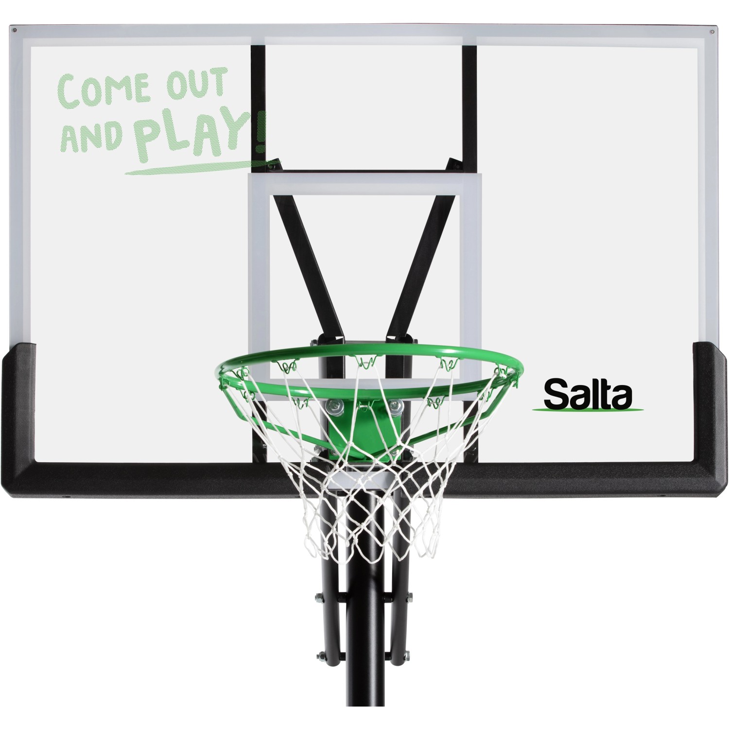 Salta Basketballständer Center mit Polycarbonat Rückwand und grünem Korb.