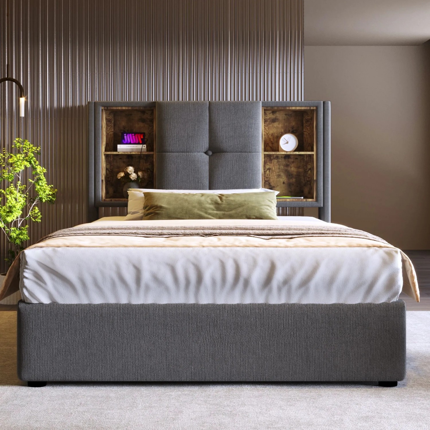 okwish Polsterbett 90x200cm mit USB C Laden Schlafzimmer Grau Leinen ohne Matratze_4