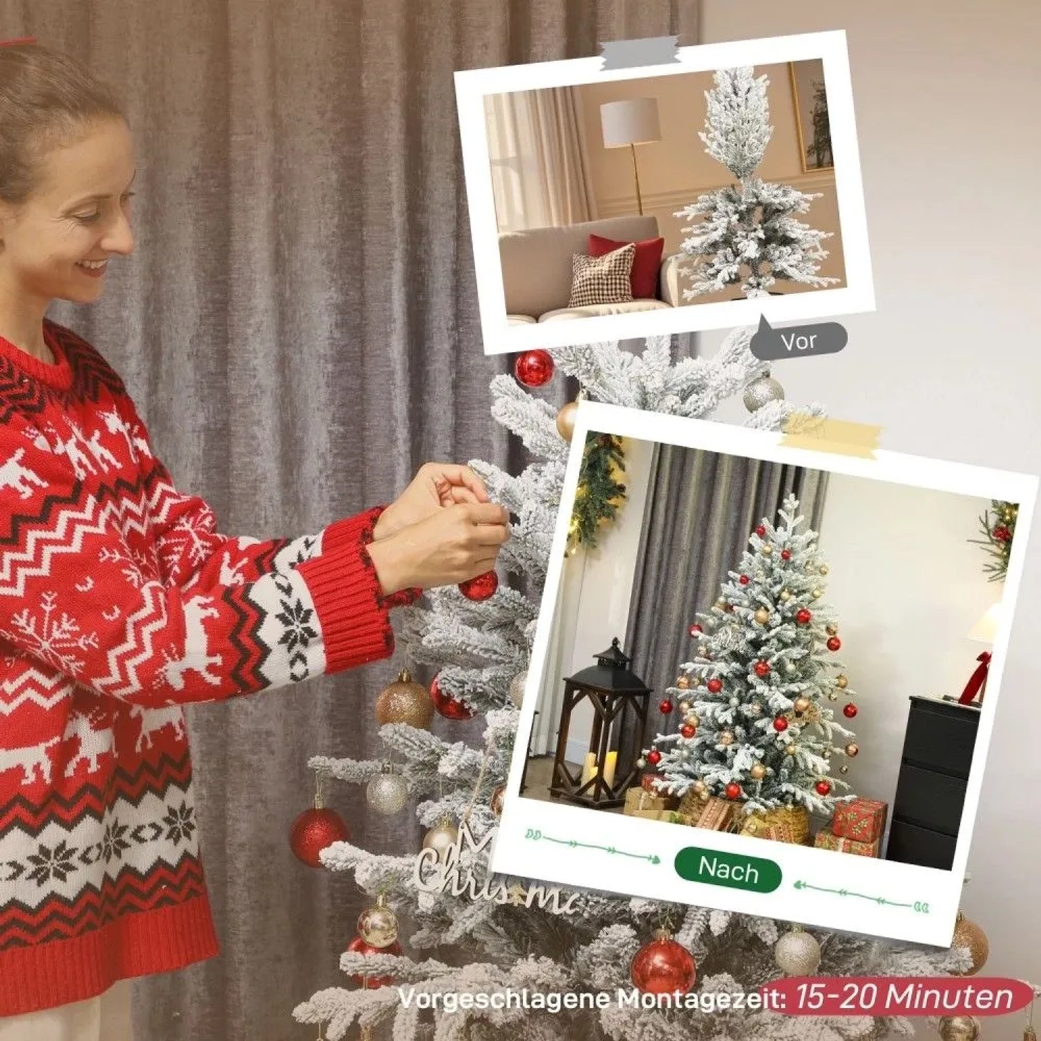Frau dekoriert beflockten künstlichen Weihnachtsbaum (150 cm) mit roten Kugeln. Bilder zeigen einfachen Aufbau.