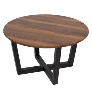 Runder Couchtisch M61 in Sheesham Holz-Optik mit dunklem Metallgestell.
