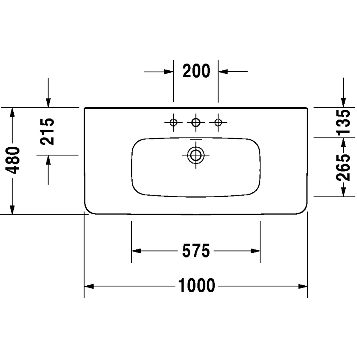 Technische Zeichnung: Duravit DuraStyle Möbelwaschtisch, 100 cm, weiß, mit Hahnloch