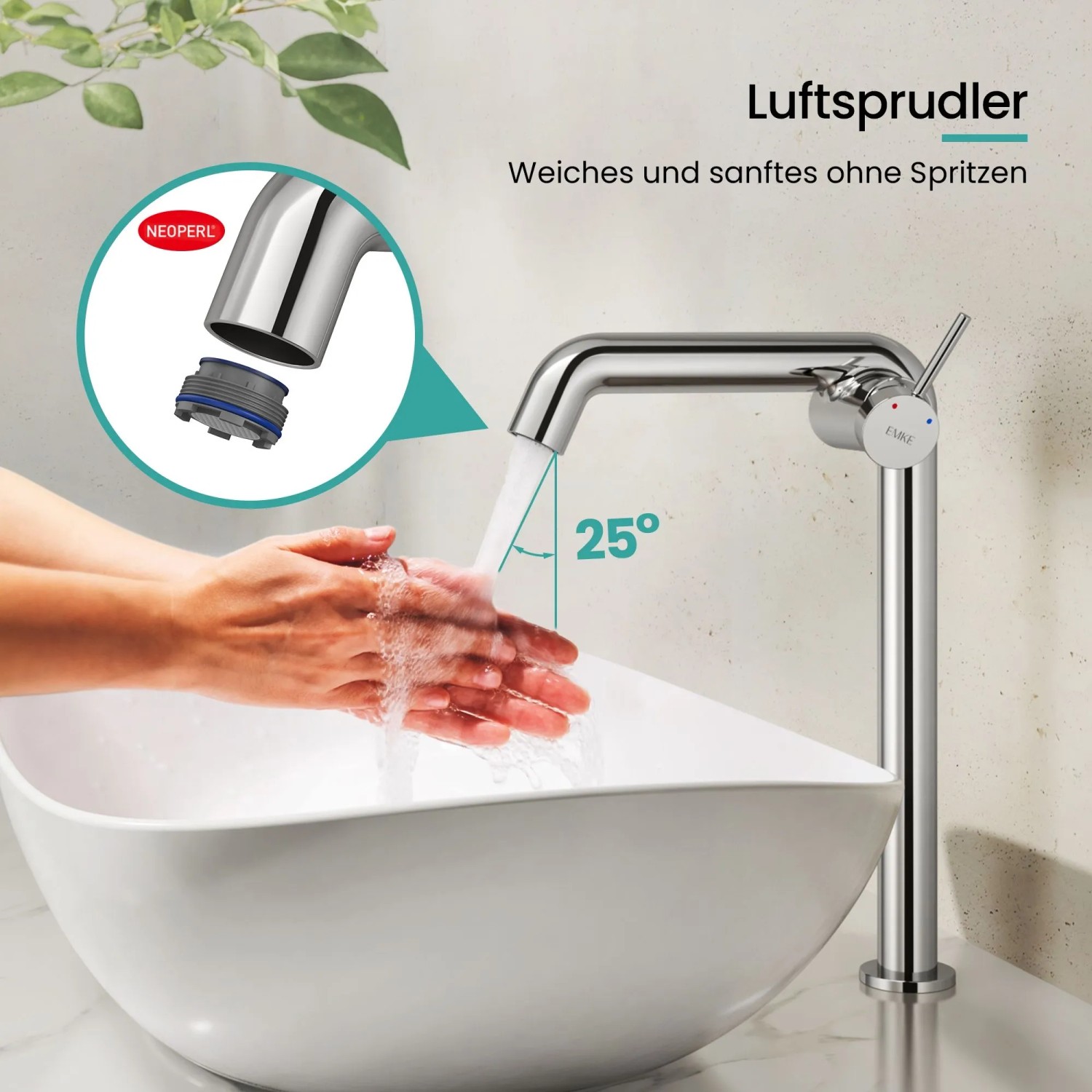 Glänzende Emke Chrom Waschtischarmatur mit Einhebelmischer. Wasser fließt sanft aus dem Neoperl Luftsprudler ins Waschbecken.