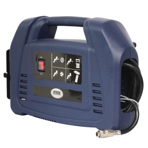 Tragbarer Atrox Mini-Kompressor mit Zubehörset, blaues Gehäuse mit Tragegriff und Schlauch.