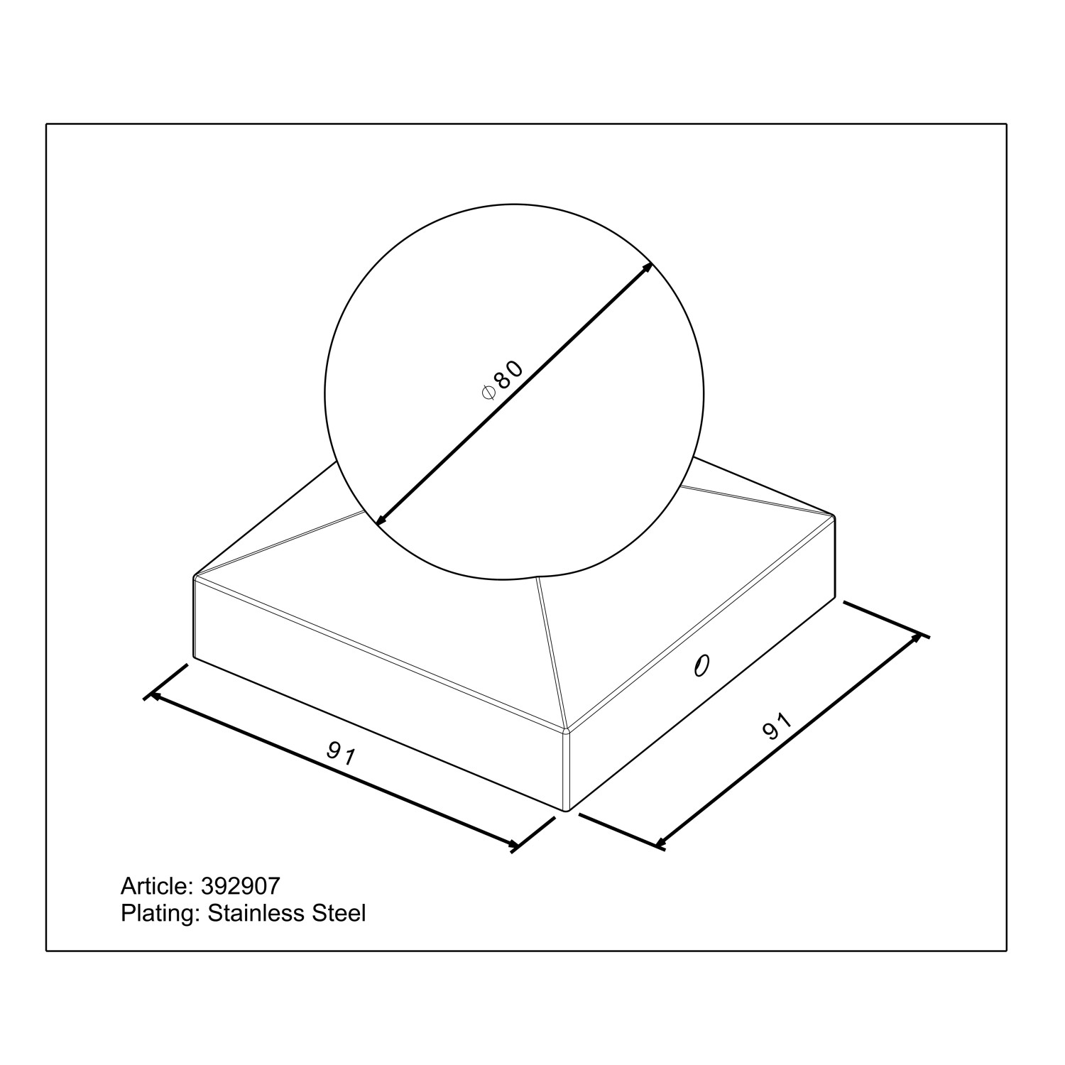 Quadratische Pfostenkappe mit Kugel, Edelstahl, 91x91 mm, für Holzpfosten.