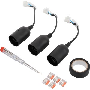 Renovierfassungsset Schwarz, 6-teilig mit Lampenfassungen, Spannungsprüfer, Lüsterklemmen und Isolierband.