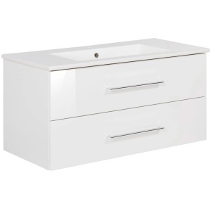 Fackelmann Einzelwaschtisch B.Perfekt, 100 cm, Weiß Hochglanz mit zwei Schubladen und Keramikwaschbecken.
