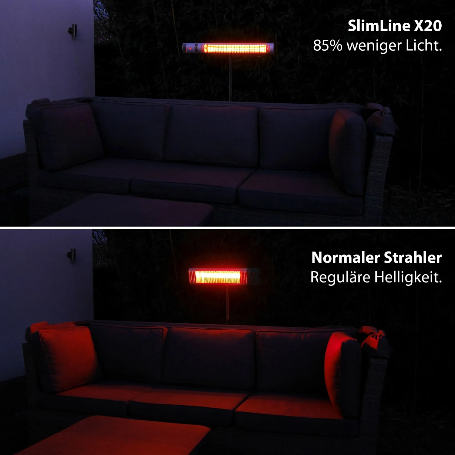 Vergleich: VASNER SlimLine X20 Terrassenheizstrahler (oben) mit reduziertem Licht vs. normaler Heizstrahler (unten).